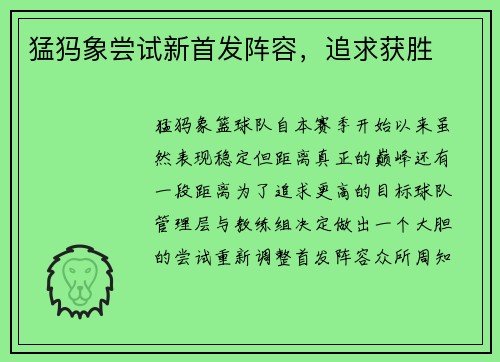 猛犸象尝试新首发阵容，追求获胜