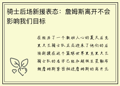 骑士后场新援表态：詹姆斯离开不会影响我们目标