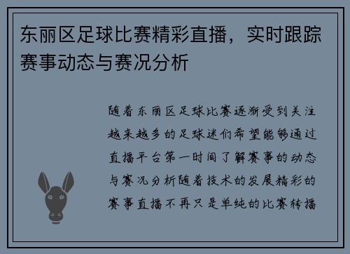 东丽区足球比赛精彩直播，实时跟踪赛事动态与赛况分析